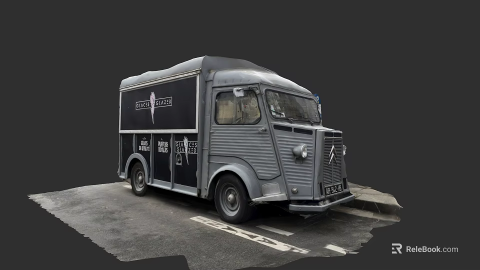 Vintage Gray Food Truck With Delicious Sign And Classic Design Parked On Street 3d model 