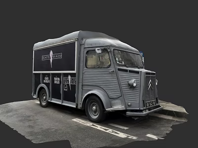 Vintage Gray Food Truck With Delicious Sign And Classic Design Parked On Street 3d model