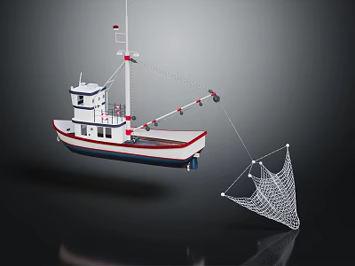 Traditional Fishing Boat With Cabin White And Red Hull Extended Fishing Net 3d model