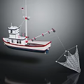Traditional Fishing Boat With Cabin White And Red Hull Extended Fishing Net
