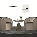 Contemporary Beige Armchairs With Round Wooden Table White Flowers Books Geometric Art And Pendant Lamp