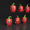 Six Cartoon Red Chili Peppers With Smiling Faces And Arms In Dark Background With Reflections
