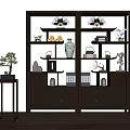 Traditional Chinese Curio Shelf With Decorative Vase Books Drawers And Bonsai On Side Table