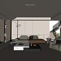 Modern Living Room Design With Gray Sofa White Black Coffee Tables Floor Lamp And Bookshelf