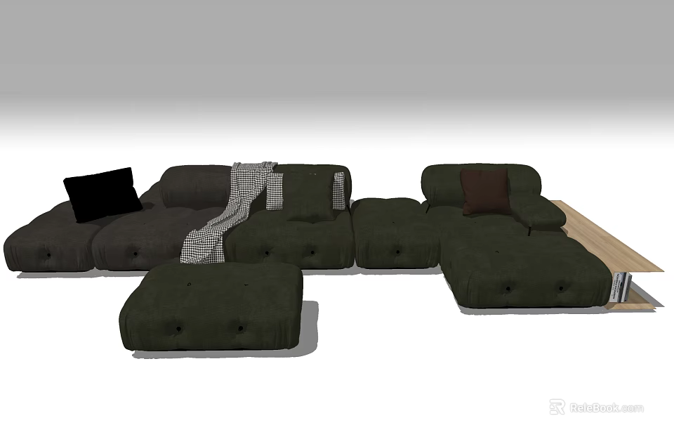 Modular Sofa Set in Dark Green Gray with Black Brown Cushions and Ottoman 3d model 