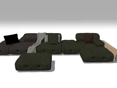 Modular Sofa Set in Dark Green Gray with Black Brown Cushions and Ottoman 3d model