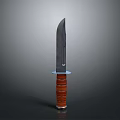 Military Knife With Sharp Metal Blade And Brown Wooden Handle Design