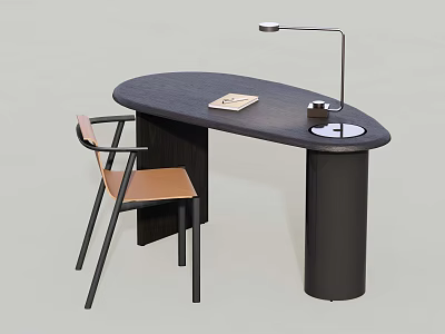 Modern Black Desk with Curved Top Table Lamp Book Cup and Brown Chair 3d model