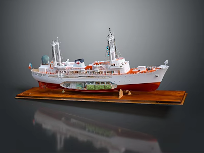 Exquisite Ship Model With Red Hull Displayed On Wooden Base 3d model