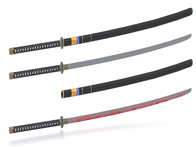 Traditional Samurai Swords with Black Scabbards Gold Accents and Red Blade Design 3d model
