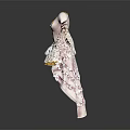 Elegant White Dress with Gold Trim and Lace Details Flared Bell Sleeves Layered Asymmetric Hem