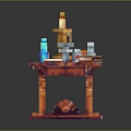 Pixel Art Table With Candle Blue Figure Books Bottles And Glasses