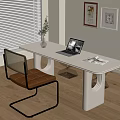 Modern Home Workspace With White Desk Laptop Magazine Plant Vase And Brown Chair
