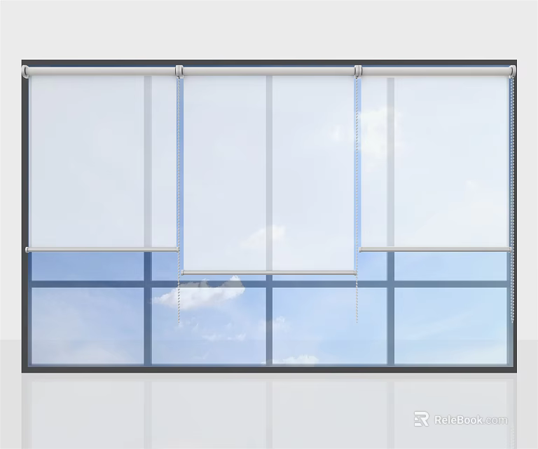 White Roller Blinds Covering Modern Window With Blue Sky And Clouds 3d model 