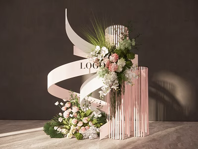 Elegant Event Decor With Curved LOGO Ribbon Pink Pillars And Floral Greenery 3d model
