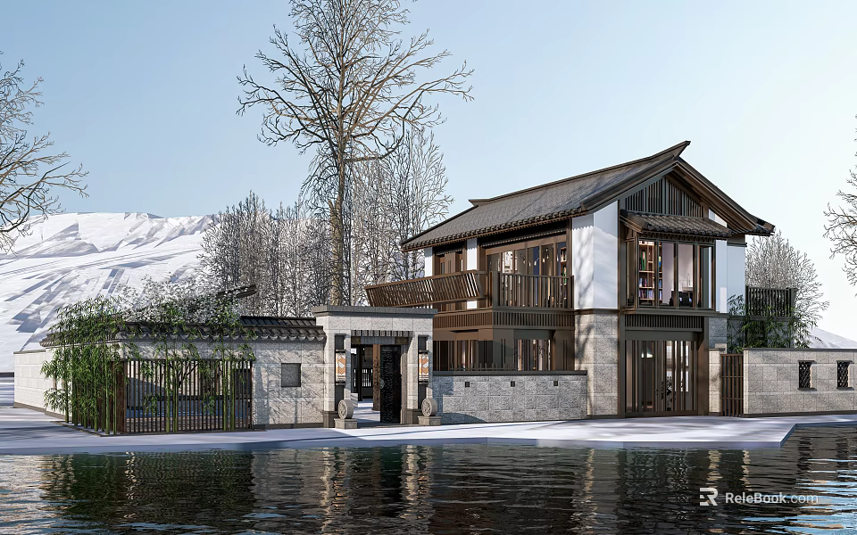 Ancient Chinese Architecture with Water Pool Snow-capped Mountains and Trees Wooden Elements Stone Walls 3d model 