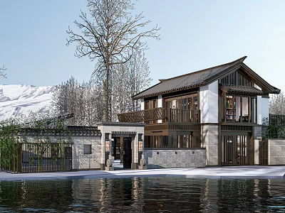Ancient Chinese Architecture with Water Pool Snow-capped Mountains and Trees Wooden Elements Stone Walls 3d model
