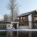 Ancient Chinese Architecture with Water Pool Snow-capped Mountains and Trees Wooden Elements Stone Walls