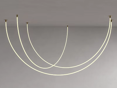 Modern Curved White Tube Chandelier With Gold Connectors Mounted On Gray Ceiling 3d model