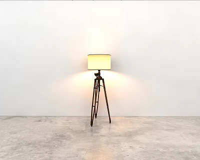 Lit Tripod Floor Lamp With Light Colored Lampshade On Grey Floor Against White Wall 3d model