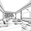 Modern Office Interior Design With Gray Sofa Bookshelves TV Floor Lamps And Coffee Table