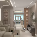 Elegant Modern SPA Sauna Interior With Curved Lighting Display Cabinet And Beige Lounge Chair