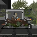 Tranquil Courtyard Garden With Outdoor Seating Coffee Table Green Plants Lanterns And Stone Features