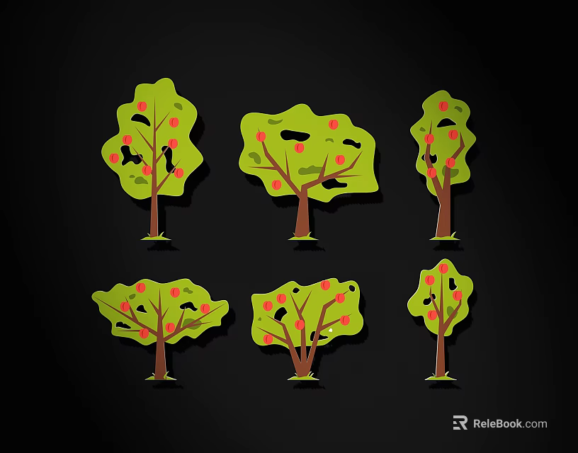 Green Cartoon Trees with Red Fruits on Black Background Illustration Design 3d model 
