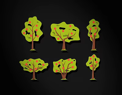 Green Cartoon Trees with Red Fruits on Black Background Illustration Design 3d model
