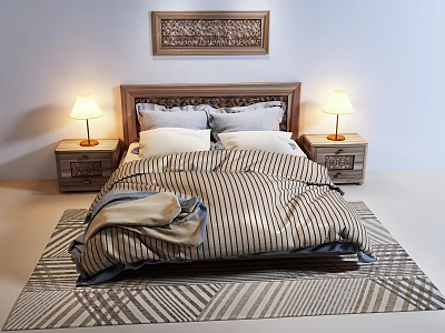 Double Bed With Wooden Headboard Striped Quilt White Pillows Nightstands Table Lamps And Geometric Rug 3d model