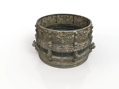 Intricately Carved Metal Sculpture With Ornate Circular Vessel Design And Detailed Engravings 3d model