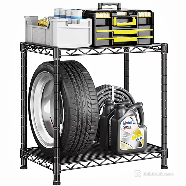 Garage Organization Setup With Shelving Unit Tools Tires And Motor Oil Storage 3d model 