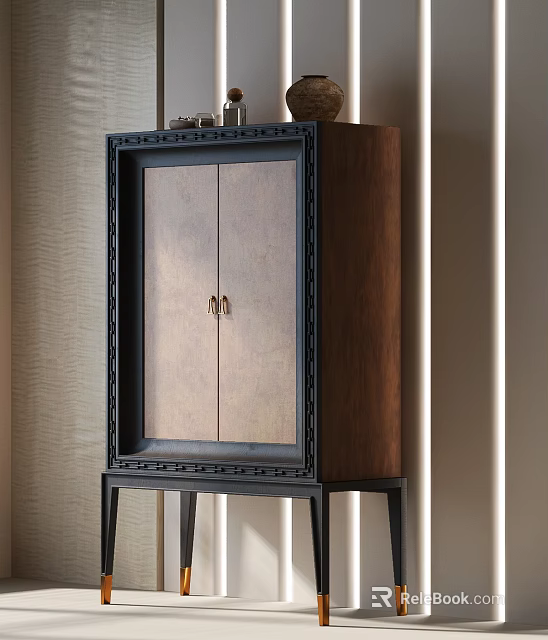 Stylish Wooden Console Side Cabinet With Black Frame And Decorative Trim 3d model 