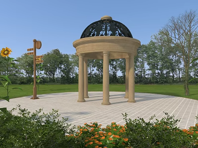 Stone Gazebo With Dome Top And Columns In Garden With Lawn Sunflowers And Trees 3d model