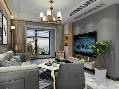 Modern Luxury Living Room With Sofa Coffee Table TV Stand Chandelier And Large Window 3d model