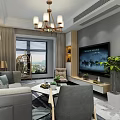 Modern Luxury Living Room With Sofa Coffee Table TV Stand Chandelier And Large Window