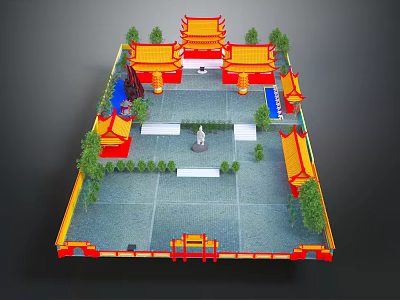 Cartoon Scene of Traditional Chinese Architecture with Yellow Red Roofs Courtyard Green Trees and Statue 3d model
