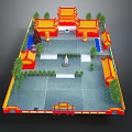 Cartoon Scene of Traditional Chinese Architecture with Yellow Red Roofs Courtyard Green Trees and Statue
