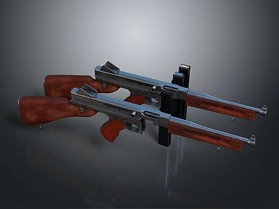 Vintage Weapons With Wooden Stocks And Metal Barrels On Black Stand 3d model
