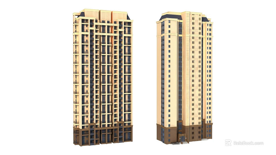 Modern Twin High Rise Residential Buildings With Beige Brown Exterior And Multiple Windows 3d model 