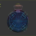 Intricate Sculpture Design With Bottle Shaped Structure Blue Transparent Sections Wooden Panel Red Decorative Blocks And Metal Sphere