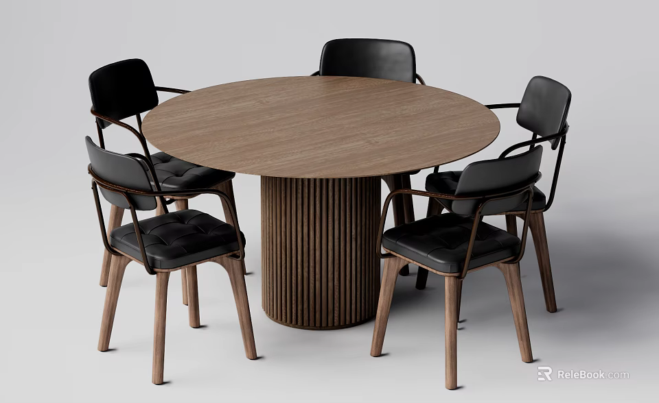 Modern Wooden Round Dining Table Set With Black Leather Chairs And Ribbed Base 3d model