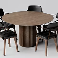 Modern Wooden Round Dining Table Set With Black Leather Chairs And Ribbed Base 3d model