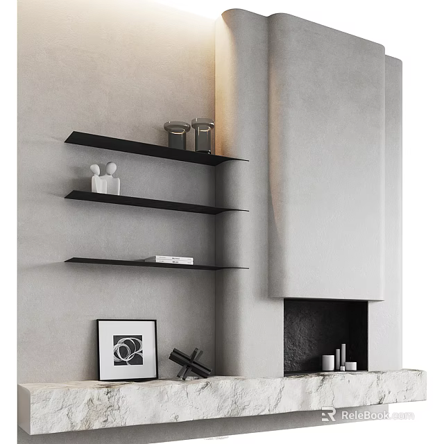 Modern Fireplace Interior With Gray Wall Floating Black Shelves And Decorative Items 3d model 