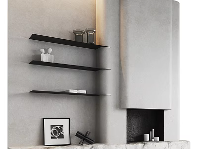 Modern Fireplace Interior With Gray Wall Floating Black Shelves And Decorative Items 3d model