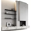 Modern Fireplace Interior With Gray Wall Floating Black Shelves And Decorative Items