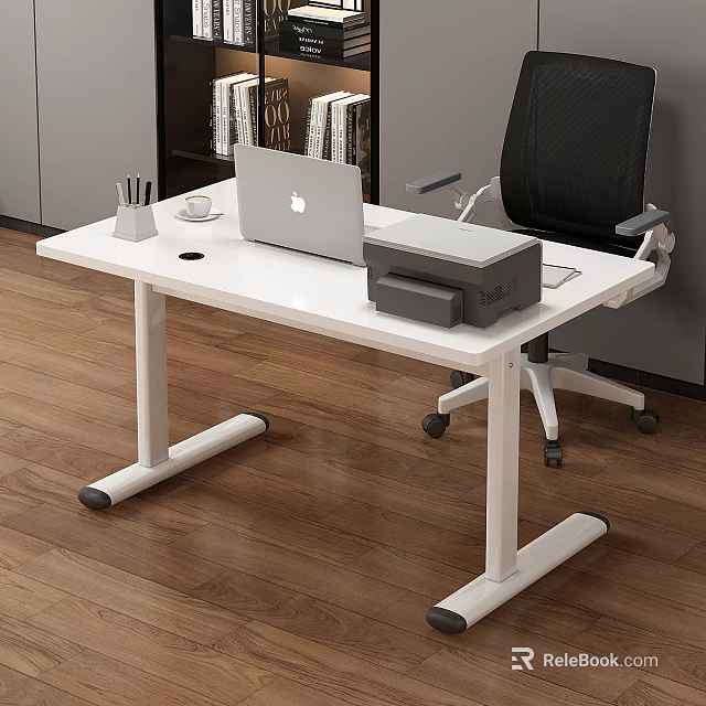 White Office Desk with Laptop Printer Pen Holder Coffee Cup Black Chair on Wooden Floor 3d model 