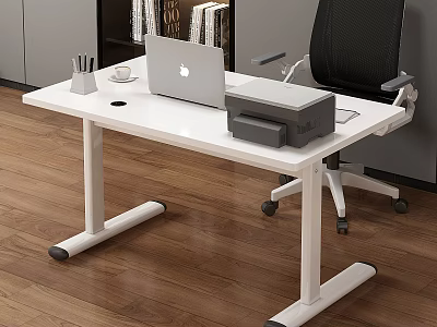 White Office Desk with Laptop Printer Pen Holder Coffee Cup Black Chair on Wooden Floor 3d model