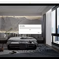 Modern Bedroom Interior Design With Stone Texture Headboard Wall Bed Nightstands And Decorative Rug
