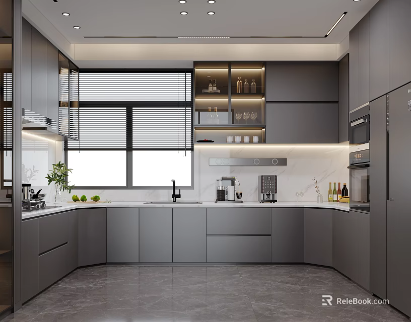 Modern Kitchen Interior With Grey Cabinets Window Blinds Countertop And Appliances 3d model